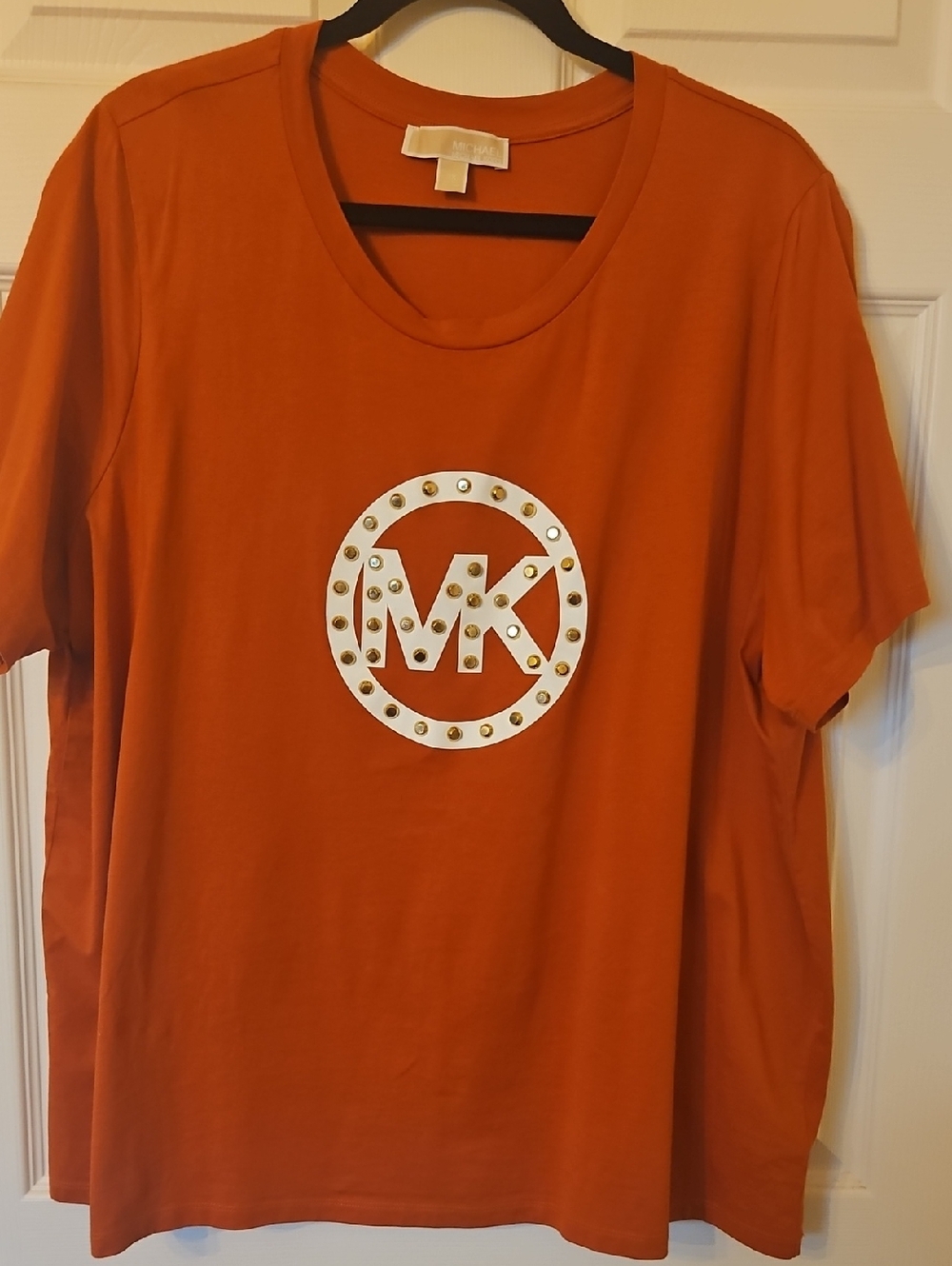 Michael Kors Orange Short Sleeve Tee with White MK Logo and Gold Studs